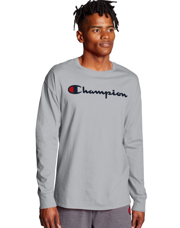 Champion Herre T-Shirts Grå - Classic Long-Sleeve Script Logo - Danmark ACJ-539826